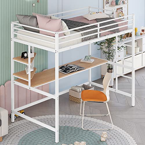 Metal Loft Bed Frame, Twin Size Loft Bed with Desk and Storage Shelves, Metal Bed Frame with Safe Guardrail & Ladder for Kids Teens Adults, Space Saving Loft Bed, No Box Spring Needed (White)