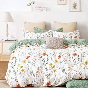 SLEEPBELLA Duvet Cover Queen, 600 Thread Count Cotton 3pcs Bedding Set Yellow Flowers and Green Branches Printed on White Reversible Comforter Cover