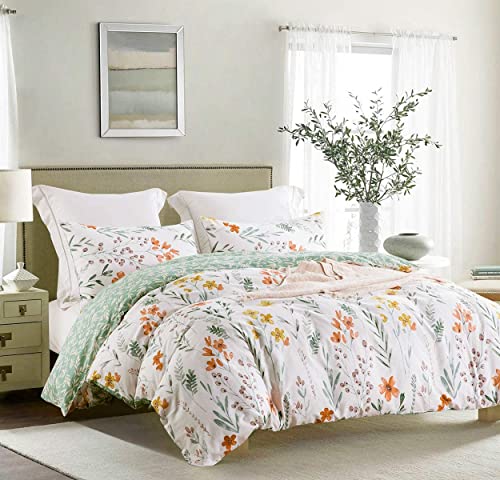 SLEEPBELLA Duvet Cover Queen, 600 Thread Count Cotton 3pcs Bedding Set Yellow Flowers and Green Branches Printed on White Reversible Comforter Cover