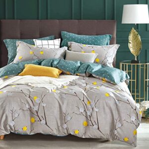 SLEEPBELLA Duvet Cover King, 600 Thread Count Cotton Grey Branch with Yellow Turquoise Polka Dot Pattern Green Reversible Comforter Cover(King, Grey Branches)