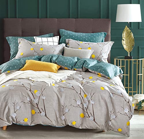 SLEEPBELLA Duvet Cover King, 600 Thread Count Cotton Grey Branch with Yellow Turquoise Polka Dot Pattern Green Reversible Comforter Cover(King, Grey Branches)