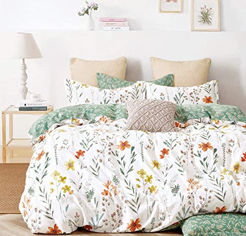 SLEEPBELLA Duvet Cover King, 600 Thread Count Cotton 3pcs Bedding Set Yellow Flowers and Green Branches Printed on White Reversible Comforter Cover