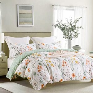 SLEEPBELLA Duvet Cover King, 600 Thread Count Cotton 3pcs Bedding Set Yellow Flowers and Green Branches Printed on White Reversible Comforter Cover