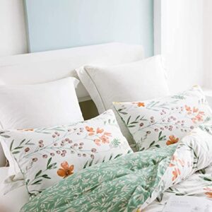 SLEEPBELLA Duvet Cover Set 600 Thread Count Cotton Bedding Set (Full, White&Green Floral)