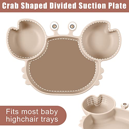 14 Pcs Baby Feeding Set Silicone Baby Led Weaning Feeding Supplies, Suction Bowl Crab Shape Divided Plate Adjustable Bib Soft Spoon Fork Snack Cup with Lid Drinking Cup, Toddlers Self Eating Utensil