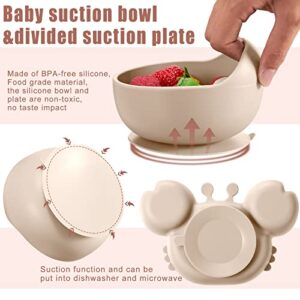 14 Pcs Baby Feeding Set Silicone Baby Led Weaning Feeding Supplies, Suction Bowl Crab Shape Divided Plate Adjustable Bib Soft Spoon Fork Snack Cup with Lid Drinking Cup, Toddlers Self Eating Utensil