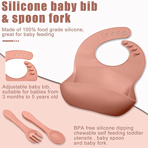 14 Pcs Baby Feeding Set Silicone Baby Led Weaning Feeding Supplies, Suction Bowl Crab Shape Divided Plate Adjustable Bib Soft Spoon Fork Snack Cup with Lid Drinking Cup, Toddlers Self Eating Utensil