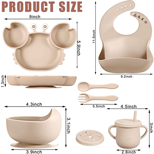 14 Pcs Baby Feeding Set Silicone Baby Led Weaning Feeding Supplies, Suction Bowl Crab Shape Divided Plate Adjustable Bib Soft Spoon Fork Snack Cup with Lid Drinking Cup, Toddlers Self Eating Utensil
