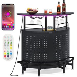 Tribesigns Home Bar Unit with LED Lights, 3 Tier Liquor Bar Table with Stemware Racks & Wine Storage Shelves, Smart Alcohol Bar Counter Wine Bar Cabinet Mini Bars for Home Kitchen Pub, Black