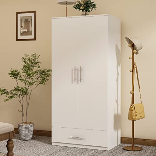 AIEGLE 2 Doors Wardrobe Armoire with Drawer, Freestanding Armoire Wardrobe Closet with Hanging Rod, Bedroom Wood Clothes Storage Cabinet Organizer in White (31.5" W x 18.9" D x 66.9" H)