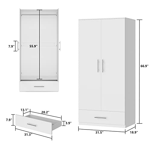 AIEGLE 2 Doors Wardrobe Armoire with Drawer, Freestanding Armoire Wardrobe Closet with Hanging Rod, Bedroom Wood Clothes Storage Cabinet Organizer in White (31.5" W x 18.9" D x 66.9" H)