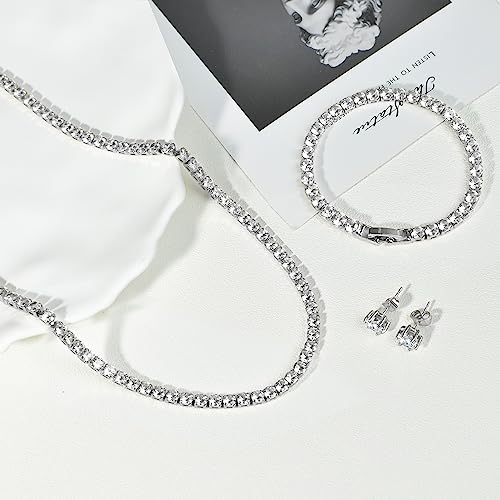 TENGTENGFIT Tennis Necklace Bracelet Earrings Jewelry Sets for Women Teen Girls 14K Silver Plated Cubic Zirconia Fashion Jewelry Hypoallergenic