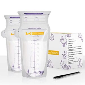 kunuz trendz breastmilk storage bags - 250-count, 8oz/240ml, pre-sterilized breast milk pouches with temperature sensor, dual zip-locking seal,capacity markings - nursing & breastfeeding (250 count)