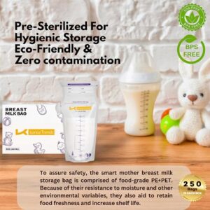 Kunuz Trendz Breastmilk Storage Bags - 250-Count, 8oz/240ml, Pre-Sterilized Breast Milk Pouches with Temperature Sensor, Dual Zip-Locking Seal,Capacity Markings - Nursing & Breastfeeding (250 Count)