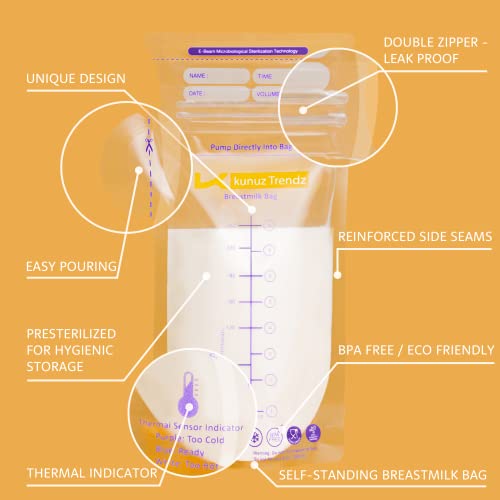 Kunuz Trendz Breastmilk Storage Bags - 250-Count, 8oz/240ml, Pre-Sterilized Breast Milk Pouches with Temperature Sensor, Dual Zip-Locking Seal,Capacity Markings - Nursing & Breastfeeding (250 Count)