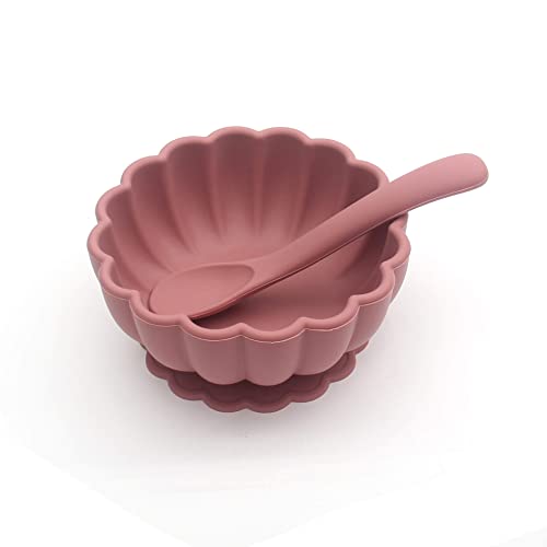 Flower Silicone Baby Bowl with Suction and Spoon - BPA-Free and Non-Toxic (Rose Dawn) - Perfect for Self-Feeding and Baby-Led Weaning. This is a must have for parents!