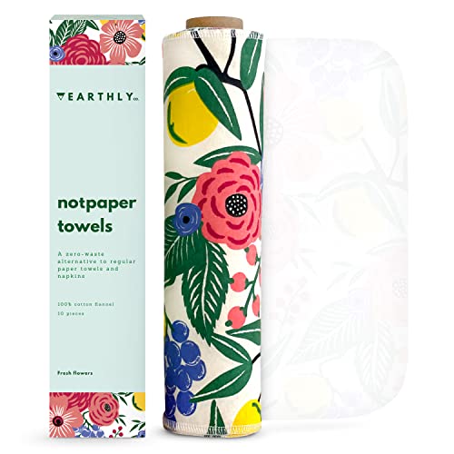 Earthly Co. Reusable Paper Towels - 10 Pack - Cloth Paper Towels Reusable Washable - Roll of Reusable Napkins Paperless Paper Towels - Absorbent + Long Lasting - Zero Waste Products - (Flowers)