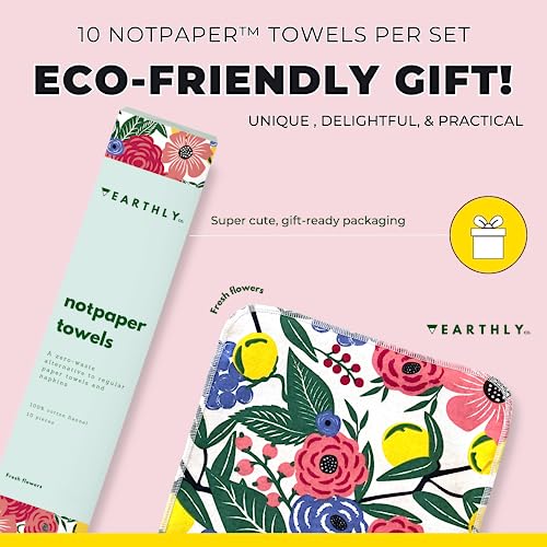 Earthly Co. Reusable Paper Towels - 10 Pack - Cloth Paper Towels Reusable Washable - Roll of Reusable Napkins Paperless Paper Towels - Absorbent + Long Lasting - Zero Waste Products - (Flowers)