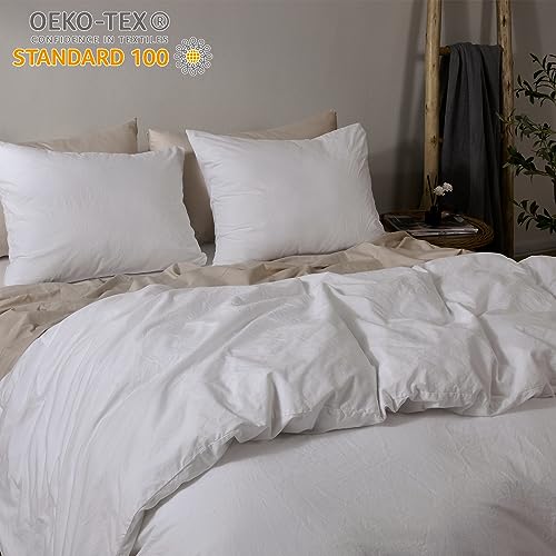 PHF 100% Cotton Duvet Cover California King Size, 3pcs Washed Cotton Linen Like Comforter Cover, Soft Breathable Durable Cooling Duvet Cover for Hot Sleepers, 104" x 98", White