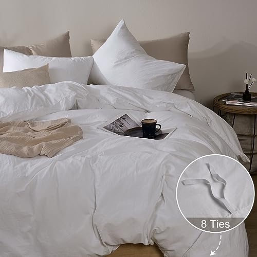 PHF 100% Cotton Duvet Cover California King Size, 3pcs Washed Cotton Linen Like Comforter Cover, Soft Breathable Durable Cooling Duvet Cover for Hot Sleepers, 104" x 98", White