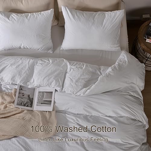 PHF 100% Cotton Duvet Cover California King Size, 3pcs Washed Cotton Linen Like Comforter Cover, Soft Breathable Durable Cooling Duvet Cover for Hot Sleepers, 104" x 98", White