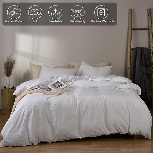 PHF 100% Cotton Duvet Cover California King Size, 3pcs Washed Cotton Linen Like Comforter Cover, Soft Breathable Durable Cooling Duvet Cover for Hot Sleepers, 104" x 98", White
