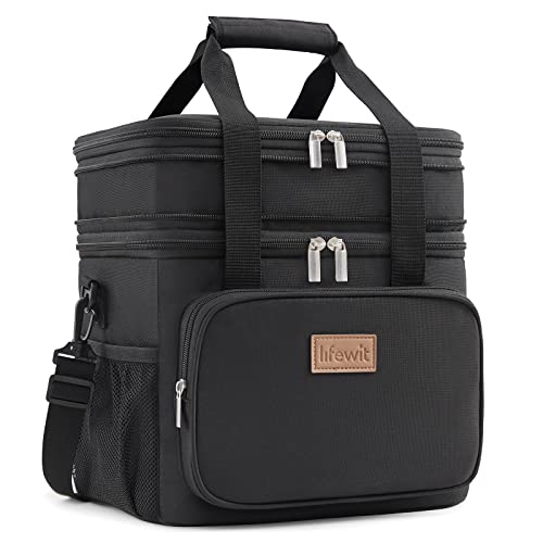 Lifewit Lunch Box for Men Women Double Deck Lunch Bag, Large Insulated Soft Cooler Bag, Leakproof Soft Meal Prep Lunch Tote with Shoulder Strap for Adults for Work/Flight/Travel, 12L/16Can, Black