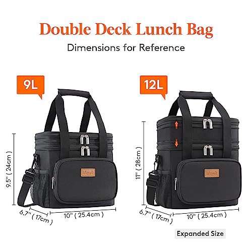 Lifewit Lunch Box for Men Women Double Deck Lunch Bag, Large Insulated Soft Cooler Bag, Leakproof Soft Meal Prep Lunch Tote with Shoulder Strap for Adults for Work/Flight/Travel, 12L/16Can, Black