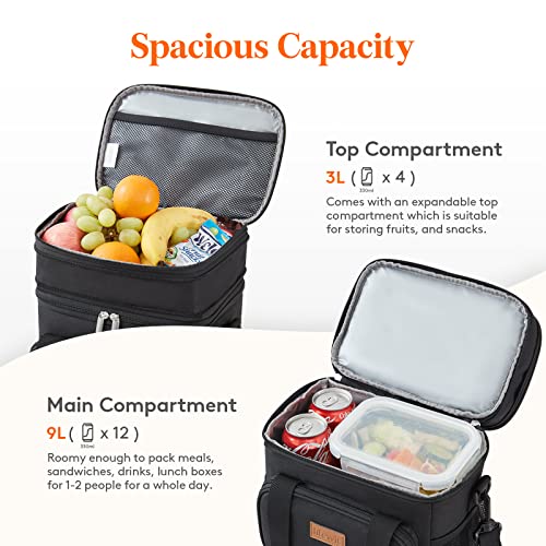 Lifewit Lunch Box for Men Women Double Deck Lunch Bag, Large Insulated Soft Cooler Bag, Leakproof Soft Meal Prep Lunch Tote with Shoulder Strap for Adults for Work/Flight/Travel, 12L/16Can, Black