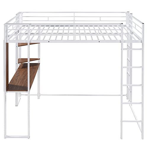 Full Metal Loft Bed with Desk, Metal High Loft Bed with Bookcase for Teens, Full Loft Bed Frame for Boy with Computer Desk, White