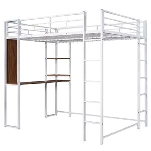 Full Metal Loft Bed with Desk, Metal High Loft Bed with Bookcase for Teens, Full Loft Bed Frame for Boy with Computer Desk, White