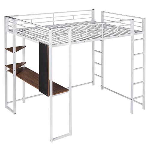 Full Metal Loft Bed with Desk, Metal High Loft Bed with Bookcase for Teens, Full Loft Bed Frame for Boy with Computer Desk, White