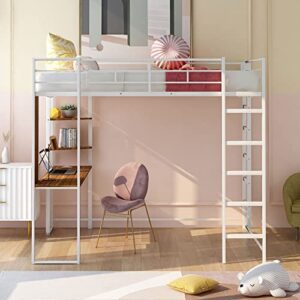 Full Metal Loft Bed with Desk, Metal High Loft Bed with Bookcase for Teens, Full Loft Bed Frame for Boy with Computer Desk, White