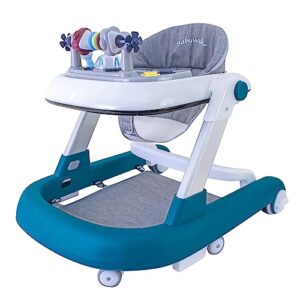 foldable baby walker, 3 in 1 toddler walker bouncer, learning-seated, walk-behind, music, adjustable height, high back padded seat, detachable trampoline mat, activity walker with toys (blue)