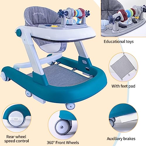 Foldable Baby Walker, 3 in 1 Toddler Walker Bouncer, Learning-Seated, Walk-Behind, Music, Adjustable Height, High Back Padded Seat, Detachable Trampoline Mat, Activity Walker with Toys (Blue)