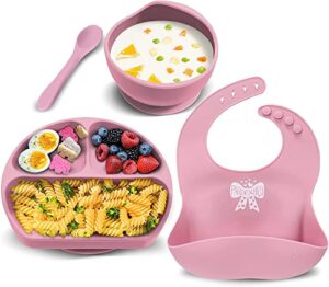 miracle baby 4pack baby plates and bowls sets, silicon baby feeding set, suction plates for baby, bowl bib spoons baby tableware set, bpa free baby essentials for 6-36 months toddler