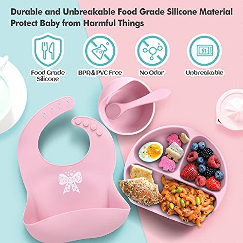 Miracle Baby 4pack Baby Plates And Bowls Sets, Silicon Baby Feeding Set, Suction Plates For Baby, Bowl Bib Spoons Baby Tableware Set, BPA Free Baby Essentials For 6-36 Months Toddler