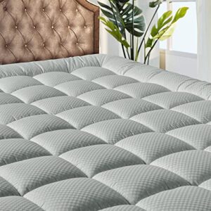 MATBEBY Bedding Quilted Fitted Queen Mattress Pad Cooling Breathable Fluffy Soft Mattress Pad Stretches up to 21 Inch Deep, Queen Size, Light Grey, Mattress Topper Mattress Protector