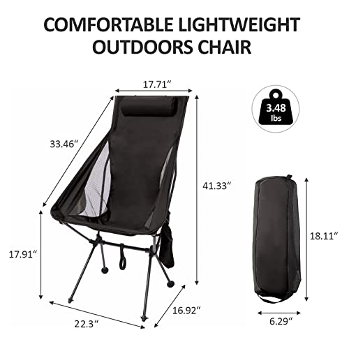 Camping Chair for Adults Portable Camp Chairs for Beach, Hiking, Picnic, Travel, Outdoor Activities, High Backrest and Aircraft Grade Aluminum Lightweight Camping Chairs Support 330LBS, Black