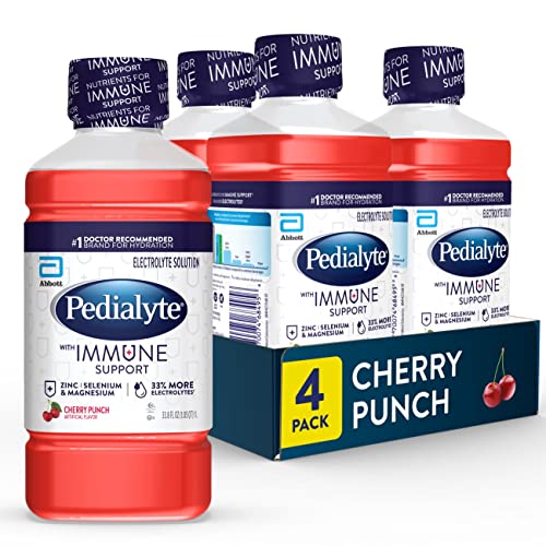 Pedialyte with Immune Support, Cherry Punch, Electrolyte Hydration Drink with Zinc, Selenium, and Magnesium, 1 Liter, Pack of 4