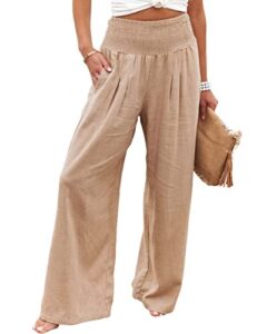 hooever women's summer linen pants high waisted wide leg palazzo pant flowy lounge trousers (khaki-s)