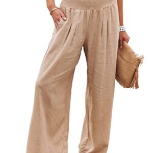 Hooever Women's Summer Linen Pants High Waisted Wide Leg Palazzo Pant Flowy Lounge Trousers (Khaki-S)