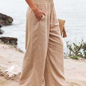 Hooever Women's Summer Linen Pants High Waisted Wide Leg Palazzo Pant Flowy Lounge Trousers (Khaki-S)