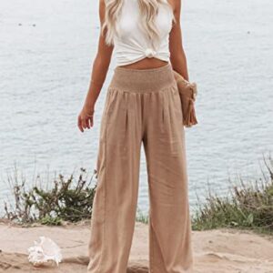 Hooever Women's Summer Linen Pants High Waisted Wide Leg Palazzo Pant Flowy Lounge Trousers (Khaki-S)