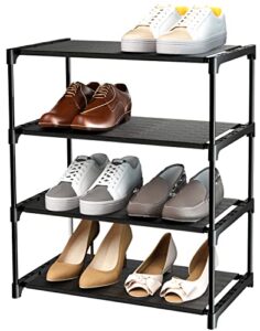 4-tier small shoe rack, narrow stackable shoe shelf storage organizer, sturdy metal expandable free standing shoe racks for entryway hallway closet bathroom living room (4-tier-black)