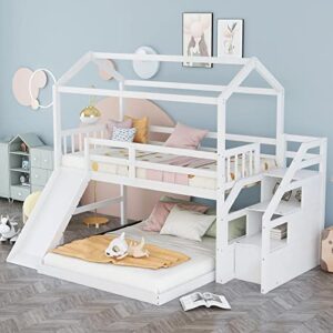 harper & bright designs twin over full house bunk bed with stairs and slide, full-length guardrail, wooden floor bunk bed frame for kids teens girls boys, playhouse design (white)