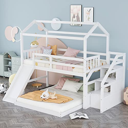 Harper & Bright Designs Twin Over Full House Bunk Bed with Stairs and Slide, Full-Length Guardrail, Wooden Floor Bunk Bed Frame for Kids Teens Girls Boys, Playhouse Design (White)