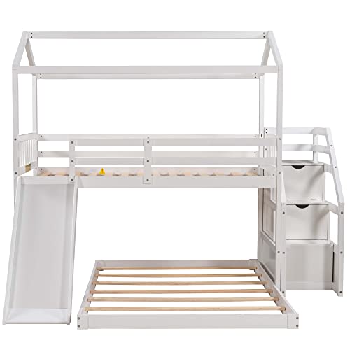 Harper & Bright Designs Twin Over Full House Bunk Bed with Stairs and Slide, Full-Length Guardrail, Wooden Floor Bunk Bed Frame for Kids Teens Girls Boys, Playhouse Design (White)