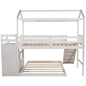 Harper & Bright Designs Twin Over Full House Bunk Bed with Stairs and Slide, Full-Length Guardrail, Wooden Floor Bunk Bed Frame for Kids Teens Girls Boys, Playhouse Design (White)