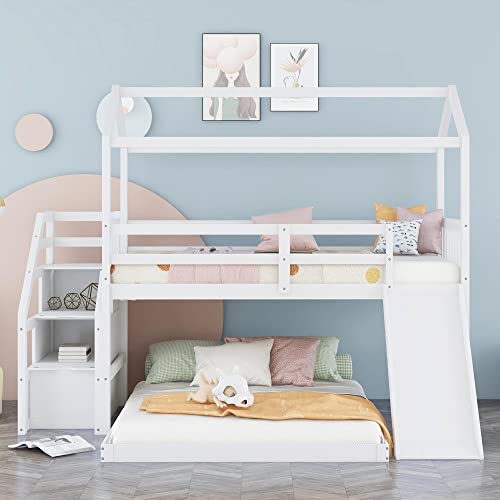 Harper & Bright Designs Twin Over Full House Bunk Bed with Stairs and Slide, Full-Length Guardrail, Wooden Floor Bunk Bed Frame for Kids Teens Girls Boys, Playhouse Design (White)